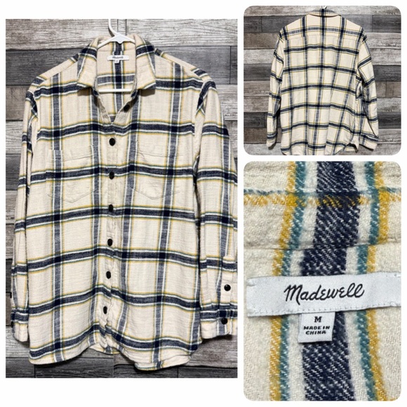Madewell Tops - Madewell Oversized Flannel Shirt Jacket Shacket Women’s M Cream Plaid Button Up